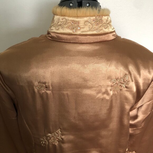 Light Copper Color Satiny Jacket with Embroidered Flowers and faux fur trim - Picture 8 of 14